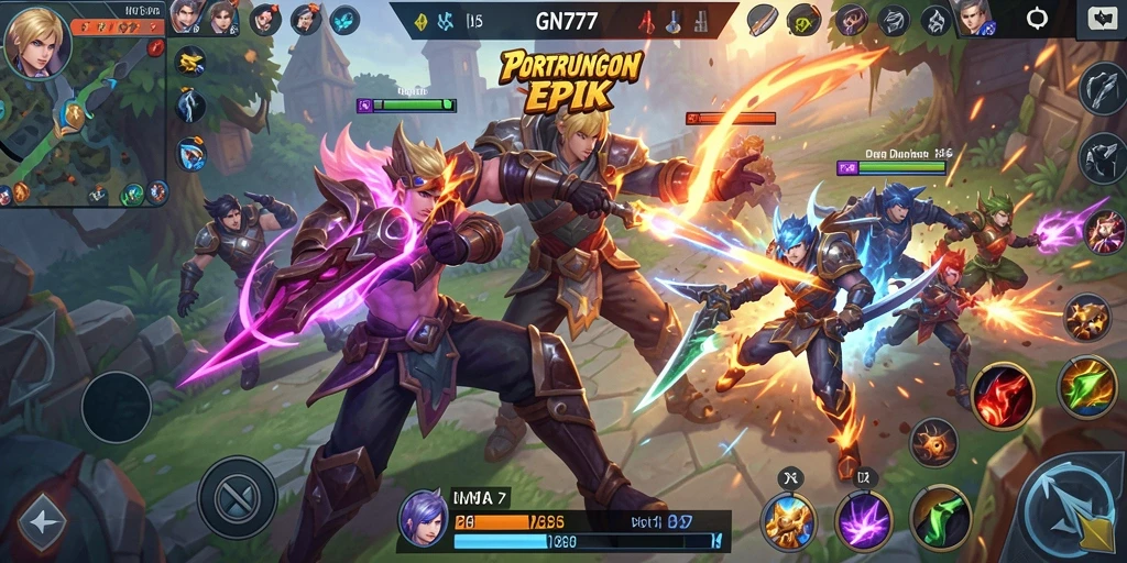 Screenshot gameplay yang menunjukkan pertarungan epik di arena MOBA.