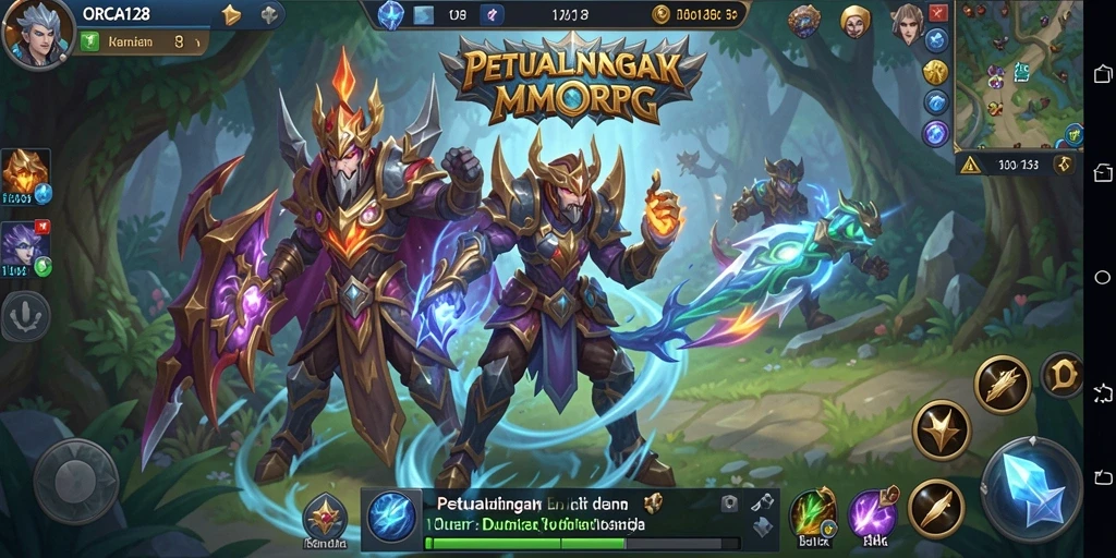 Screenshot dari gameplay <strong>ORCA128</strong> menunjukkan aksi pertempuran seru di dunia fantasi.
