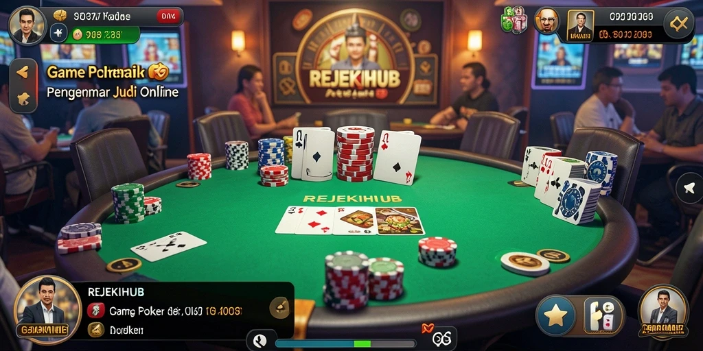 Screenshot gameplay REJEKIHUB yang menarik dengan suasana poker yang menegangkan.
