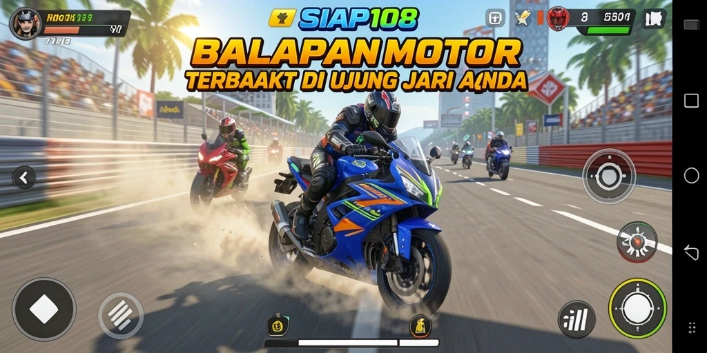 Tampilan gameplay mendebarkan dari SIAP108 saat balapan motor.